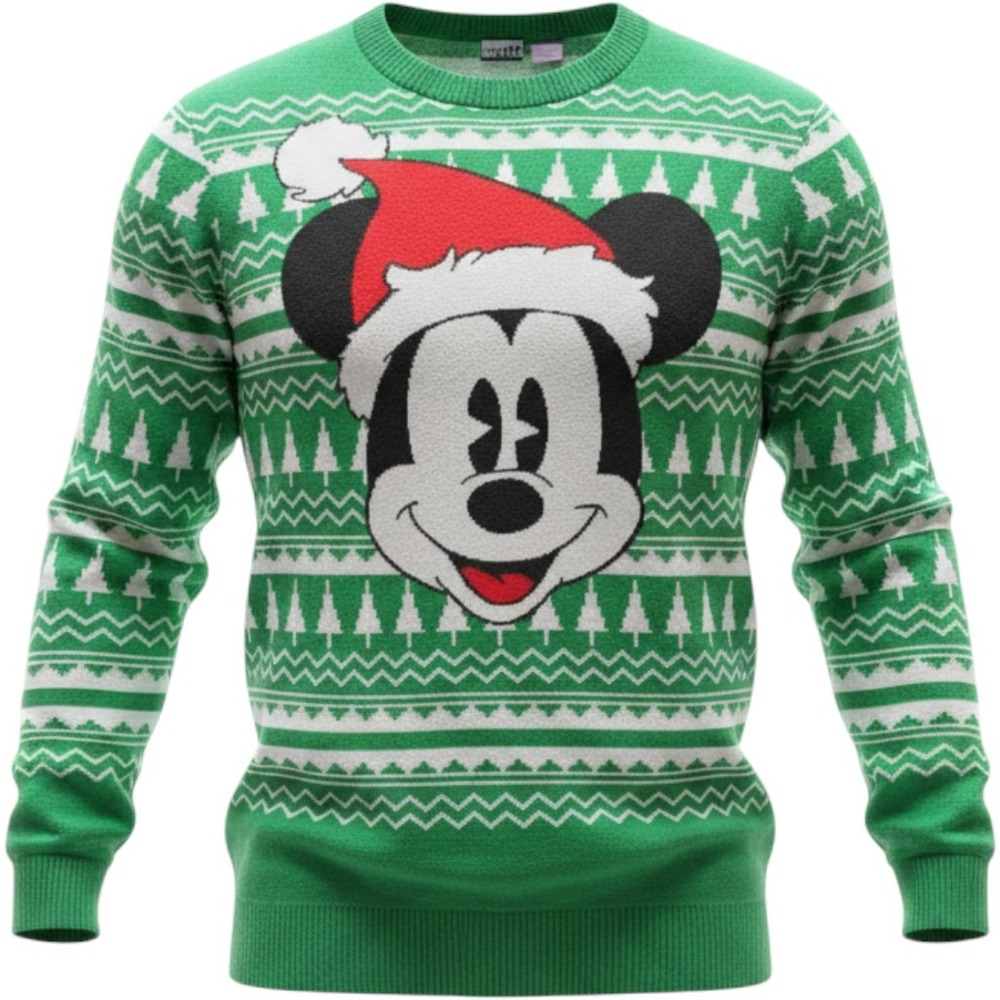 Disney Mickey Mouse Christmas Holiday Sweater Green Fair Isle Santa Hat Large